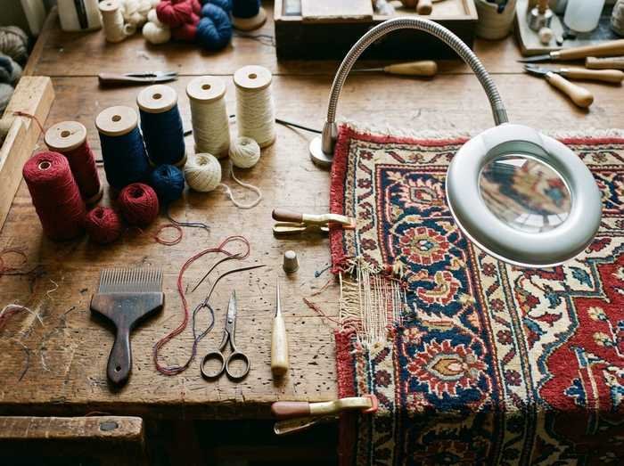 Établi du restaurateur vu de dessus : bobines de laine, aiguilles courbes, peigne, lampe-loupe sur un angle de tapis