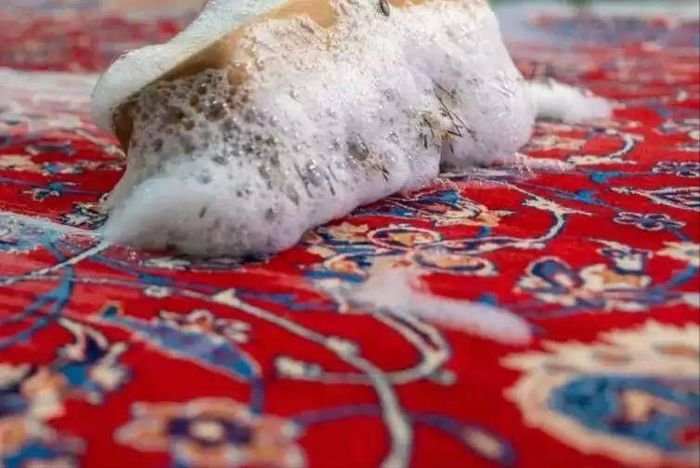 Gros plan d'une brosse poussant la mousse dans le sens du velours