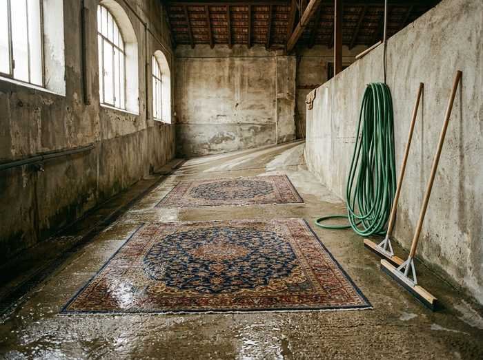 Aire de lavage de l'atelier : deux tapis étendus à plat sur la dalle