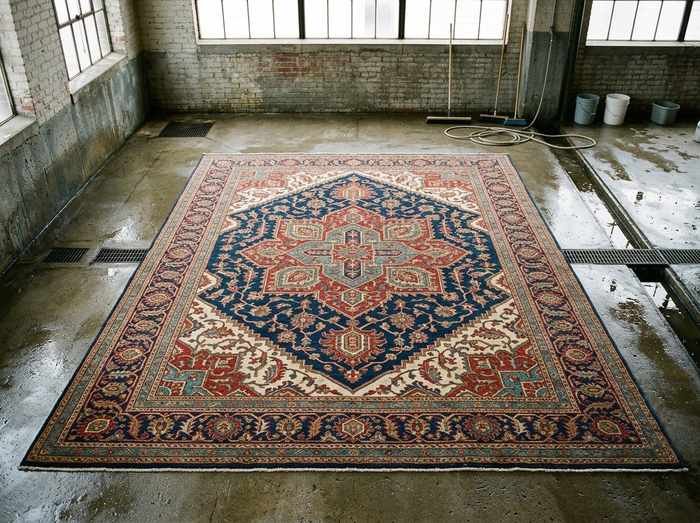 Grand tapis à champ bleu étendu à plat sur l'aire de lavage