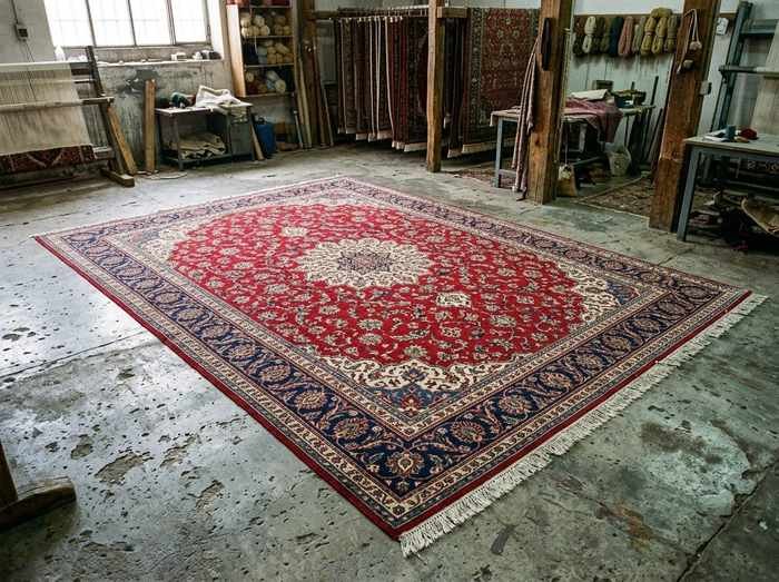 Grand tapis rouge à médaillon central, étendu entier sur l'aire de travail