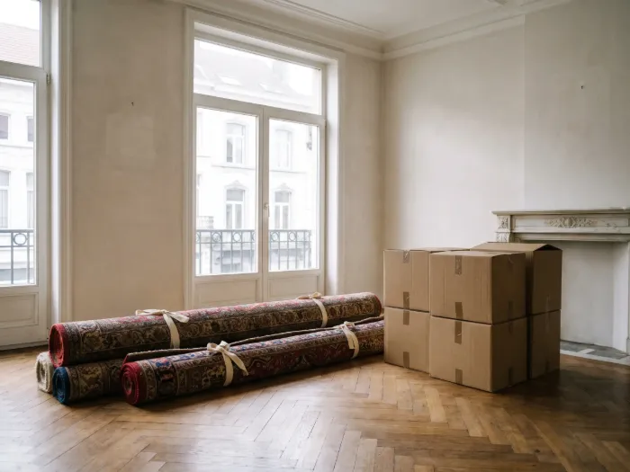 Oriental rugs rolled and strapped next to moving boxes in a Brussels flat with herringbone parquet (illustration)