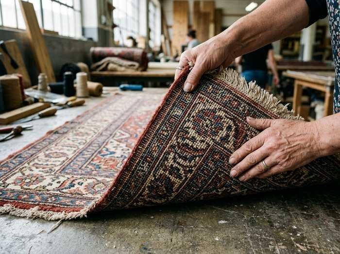Angle d'un tapis replié : au dos, les rangées de nœuds sont visibles une à une