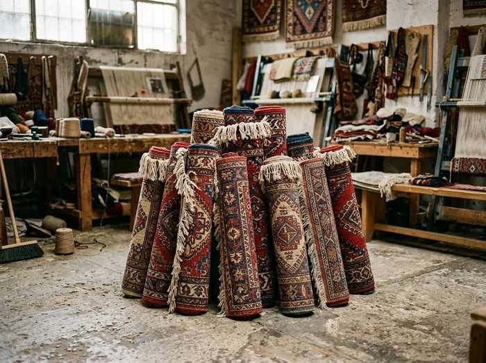 Tapis roulés debout dans l'atelier, tels qu'ils arrivent après un rachat