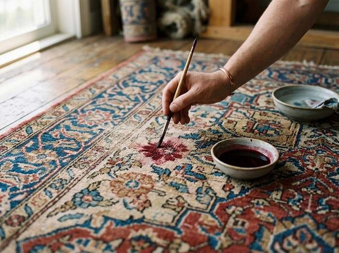 Reprise des couleurs au pinceau, bassine de teinture posée à même le tapis
