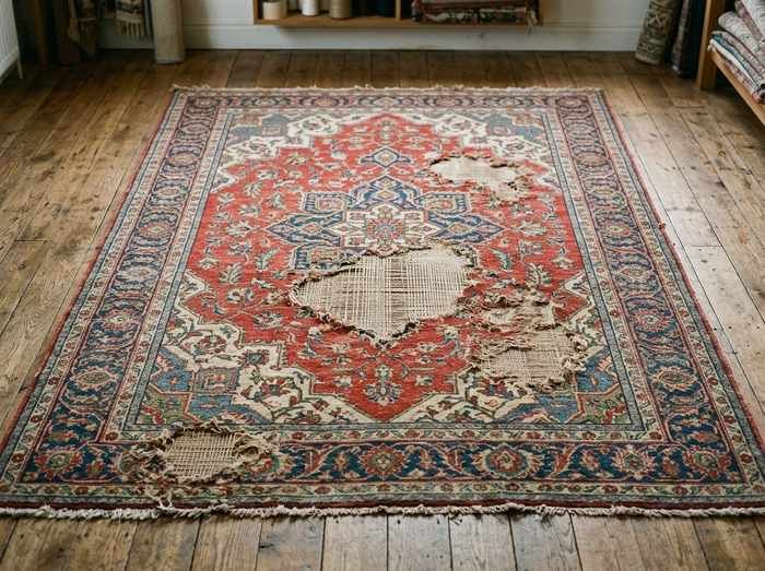 Tapis mité photographié avant relainage, la lacune mesurée