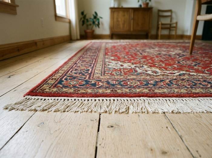 Tapis rouge à franges tendu sur le métier, franges en cours de reprise