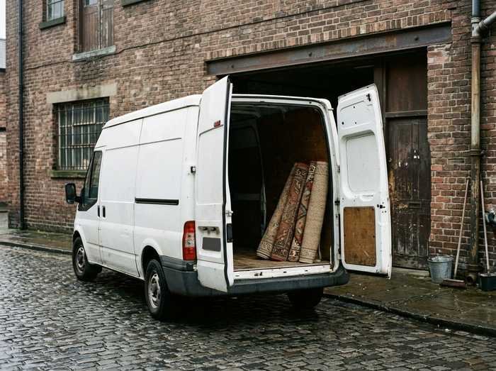 Camionnette blanche chargée de tapis roulés, devant l'atelier